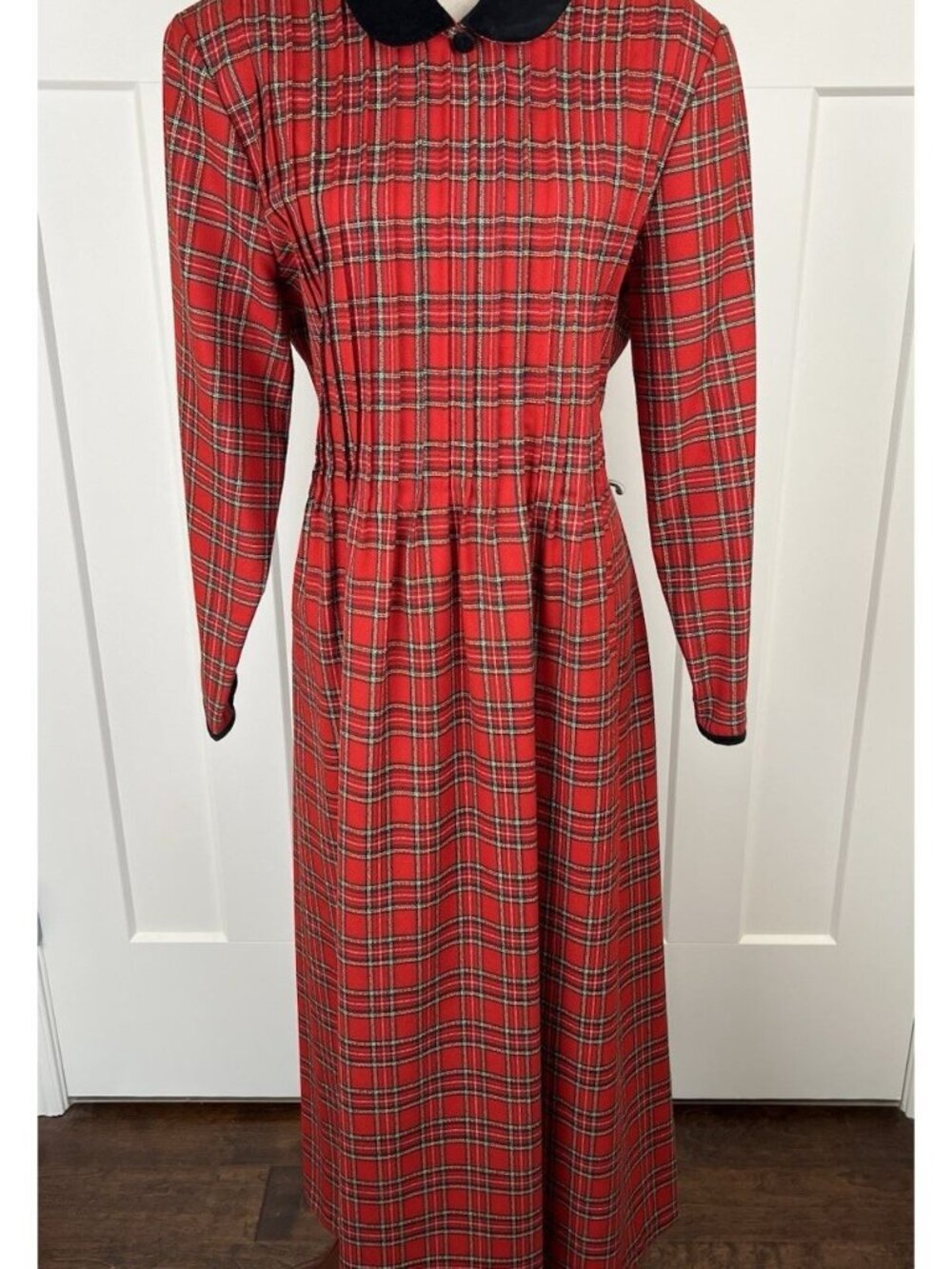 Vintage 80's Misty Lane Red Tartan Plaid Maxi Dress Velvet Collar USA Union Made